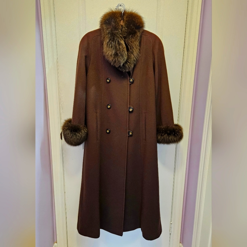 Vintage 60's Cashmere & wool brown women's winter real fur collared coat